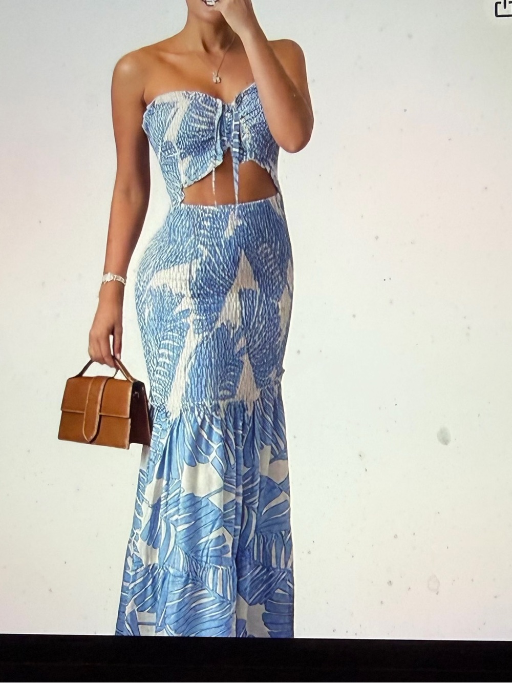 Blue Tropical Print Smocked Maxi Skirt - Women's Beachwear - NWOT- Size L